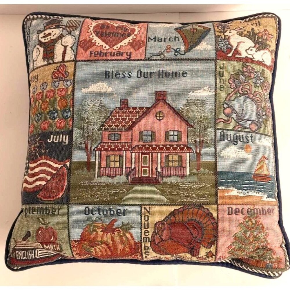 Decorative Tapestry Throw Pillow With Monthly Theme "Bless Our Home" Design 12"